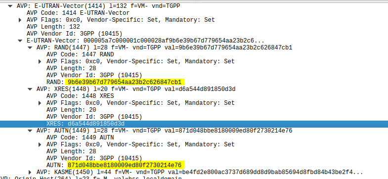 Wireshark Diameter Authentication Information Response message body looking at the E-UTRAN vectors