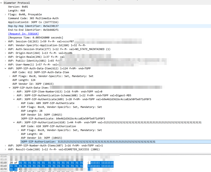 Subscriber with Password made up of all 1's MAA response from HSS for Digest-MD5 Auth